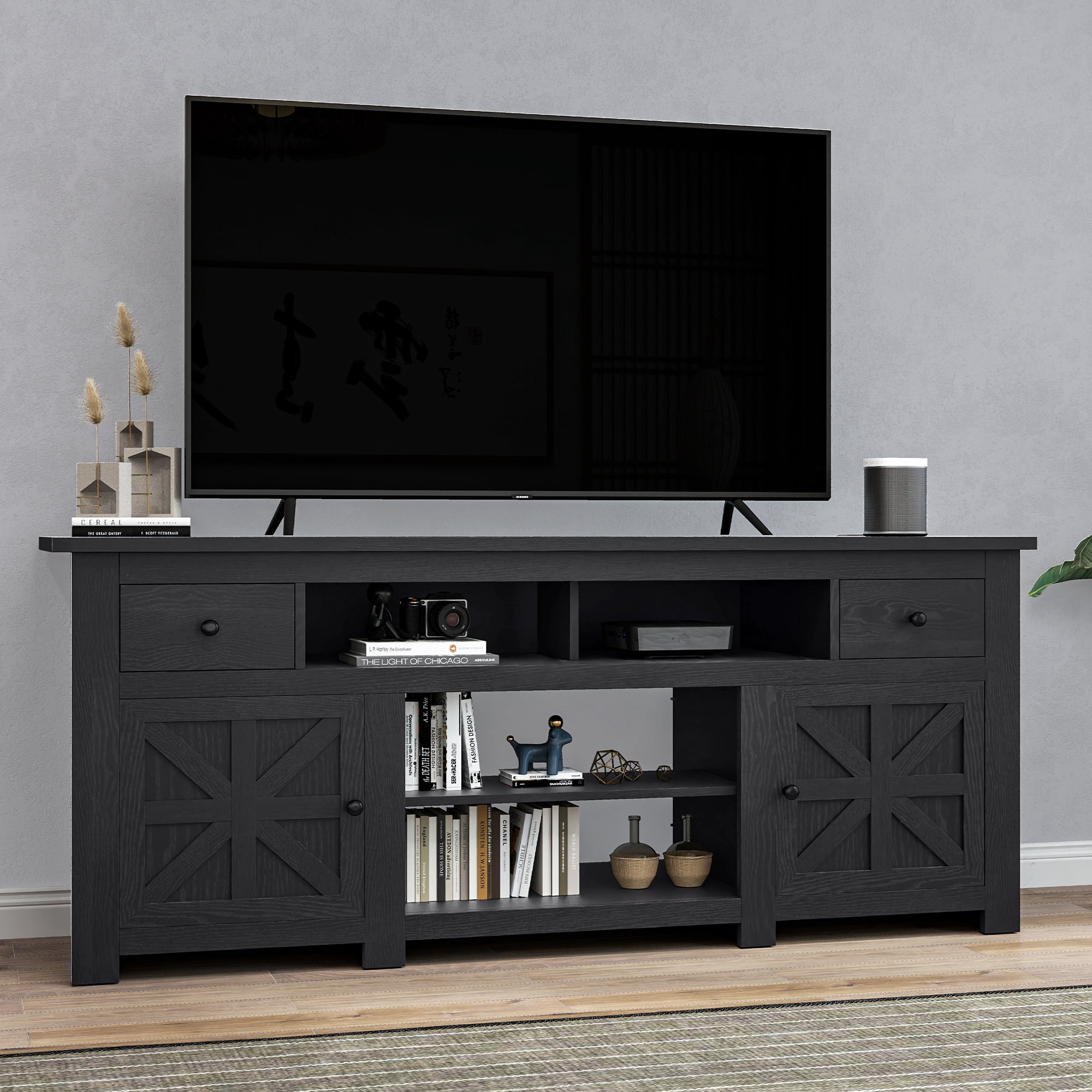 Uforic Built-in Power Socket, TV Cabinet for Screens up to 80'' with 2 Shelves, Black