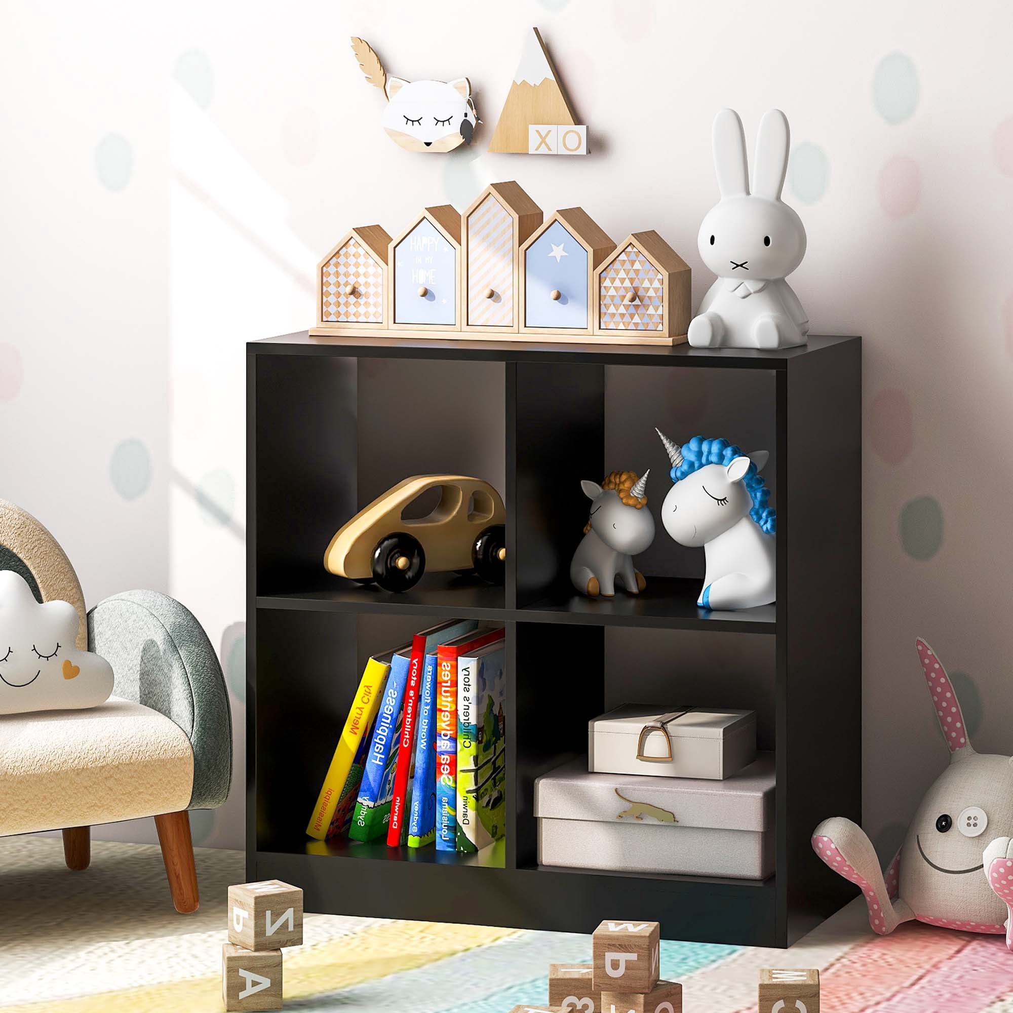 Costway 4-Cube Bookcase Floor Open Wooden Bookshelf Storage Cabinet Toy Organizer Black