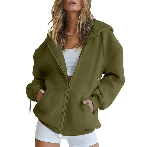 Fgnfyis Women Casual Solid Zip Up Hoodie Long Sleeve with Pocket Hooded Sweatshirt Top for Streetwear Army Green M