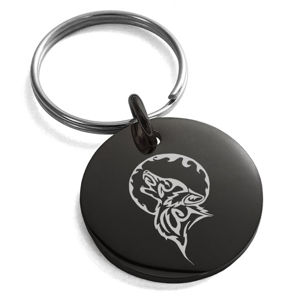 Stainless Steel Howling Mad Wolf Engraved Small Medallion Circle Charm Keychain Keyring