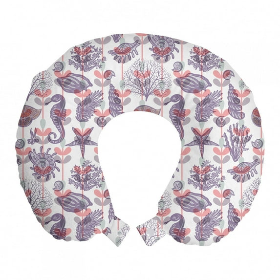 Underwater Travel Pillow Neck Rest, Coral Reef Seahorse Seashells Nautilus Seaweed Deep Ocean Flora Motif, Memory Foam Traveling Accessory Airplane and Car, 12", Mauve and Pastel Pink, by Ambesonne