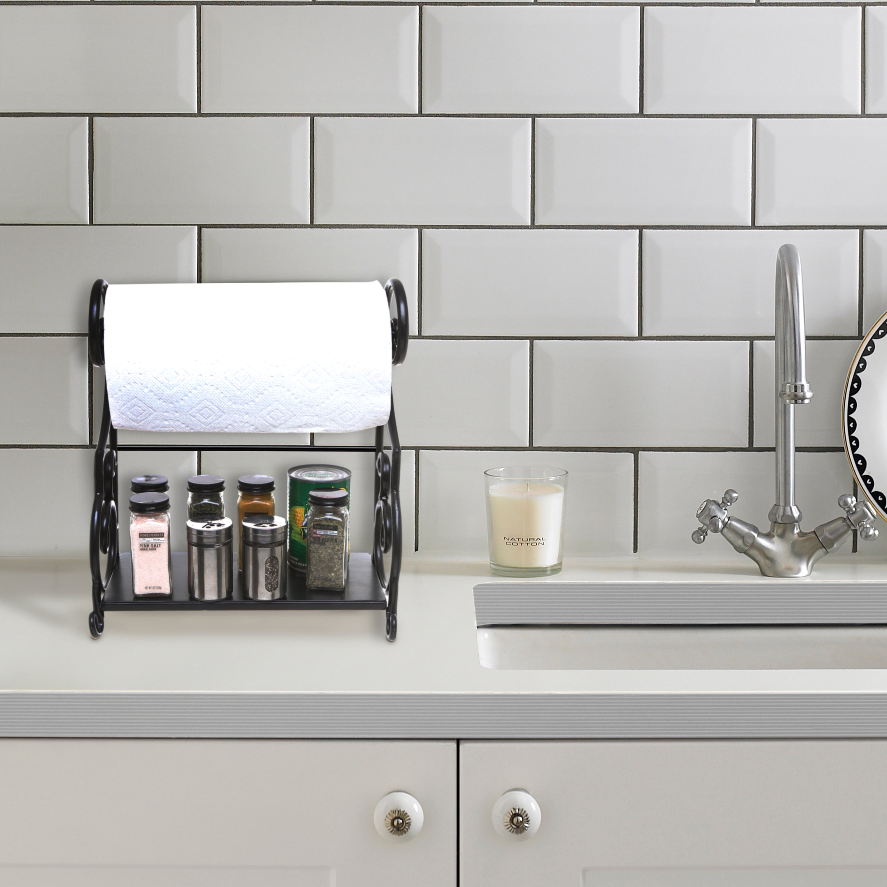 MyGift Black Metal Countertop Scrollwork Design Paper Towel Holder with Condiment Shelf