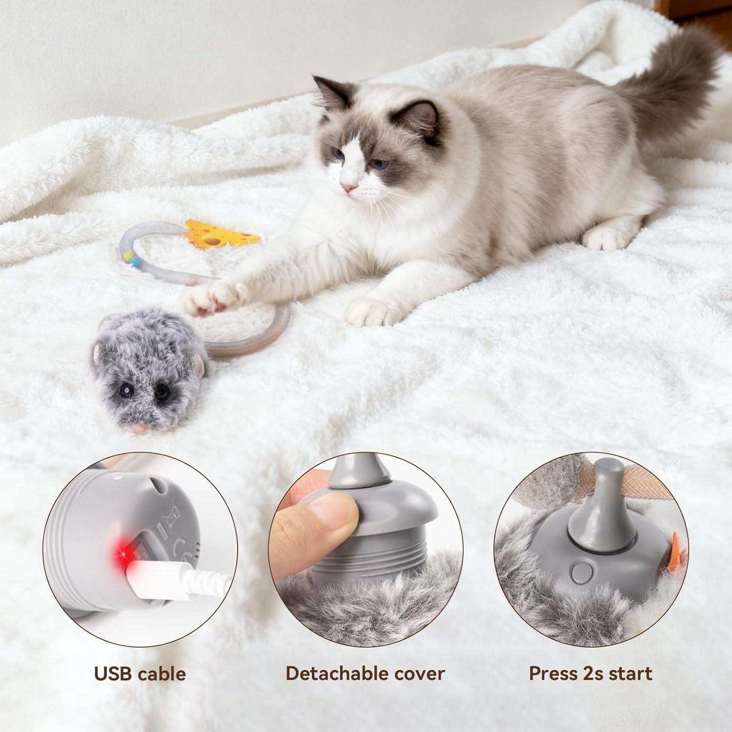 Interactive MigiMouse   360? Rolling & Spin with Wiggling Tail for Indoor Cats  Motion Sensor, Realistic Squeak, Rechargeable Plush Kitten (Grey Long)
