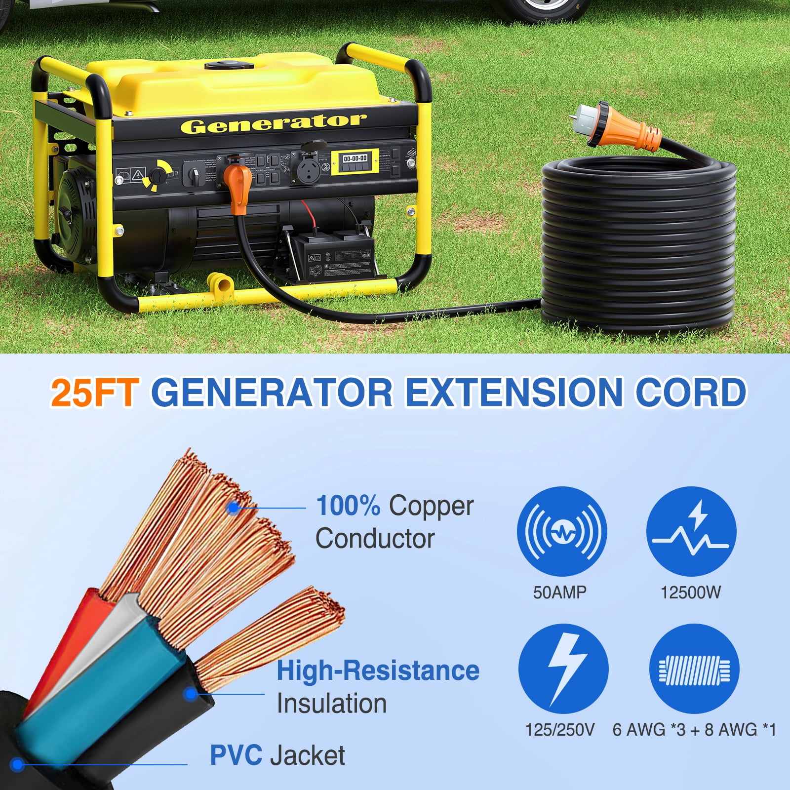 Nilight 50 Amp 25FT Generator Extension Cord 250V 12500Watt Heavy Duty 6/3+8/1 Gauge Pure Copper STW Wire UL Listed 4 Prong 14-50P SS2-50R&CS6364 Twist Lock for RV Camper Outdoor Use