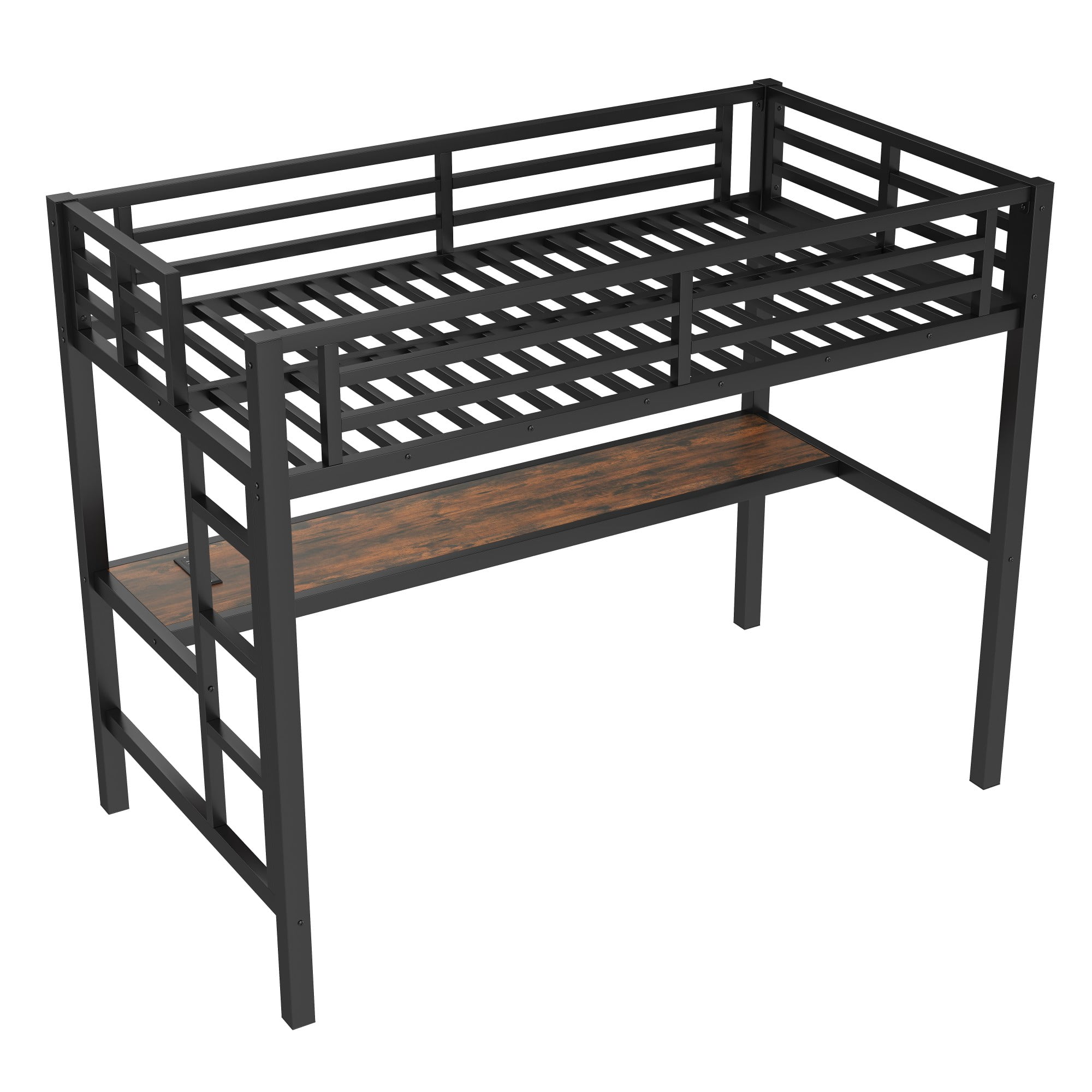 Aukfa Twin Size Metal Loft Bed with Desk, Charging Station and LED Lights for Kids, Space-Saving, Heavy Duty, Black