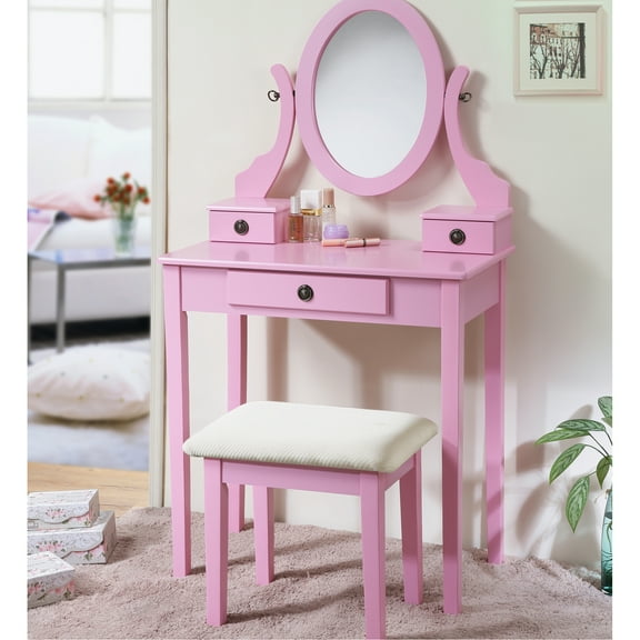 Pink Vanity Table With 3 Storage - Adjustable Oval Mirror, Wooden Frame, Color Furniture 3 Drawer Storage, Wood Finish