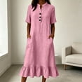 thumbnail image 2 of Husipze Womens Summer Cotton Linen Midi Dress Elbow Length Sleeve Button Front V Neck Casual Loose Dress with Pockets Pink M, 2 of 8