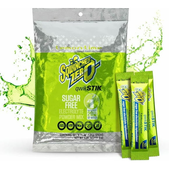 Sqwincher Zero QwikStik Lemon-Lime Electrolyte Drink Mix Stick 3 Grams (PACK OF 50 STICKS)-Sugar Free, Low Calorie, Low Sodium