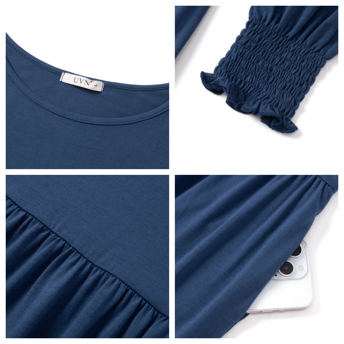 UVN Fall Long Dress for Women Crewneck Casual Long Sleeve Pleated Dresses with Pockets