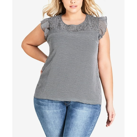 City Chic Trendy Plus Size Gingham Print Flutter Sleeve Top Black/White 16W