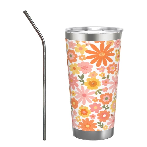 20oz Retro Floral Insulated Tumbler with Handle and Straw Cute Daisy Travel Coffee Cup Gift for Women with Stainless Steel Straw