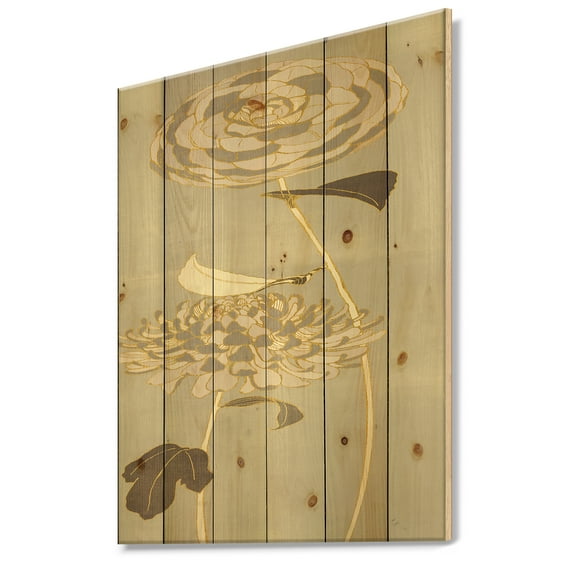Designart 'Gold Metallic Floral Garden III' Modern Glam Print on Natural Pine Wood