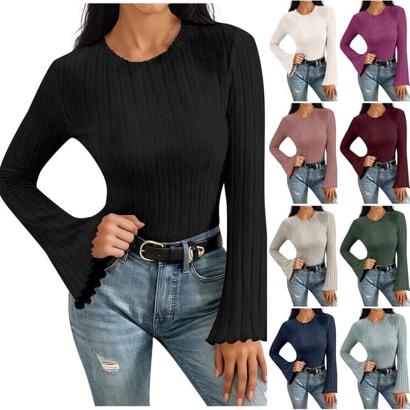 Daiosportswear Women's Ribbed Long Sleeve Shirts, Cotton Crew Neck Slim Fit Tops Stretch Knit Casual Base Layer Basic Tee Shirts Wine XL(XL)