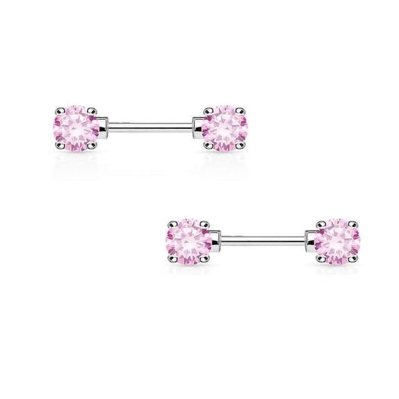 BodyJewelryOnline Pair of Nipple Barbells 14G Surgical Steel with Round Prong Set CZ Gems Men Women