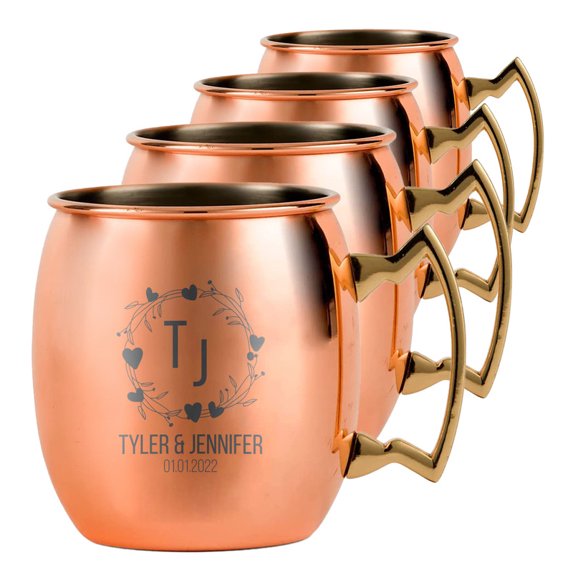 PERSONALIZED Elegant Custom Engraved Wedding Perfect Gift Round Classic Moscow Mule Mug with Sturdy Handle Rolled Rim, Smooth Copper Finish 18oz, Heart Borders, Set of 4