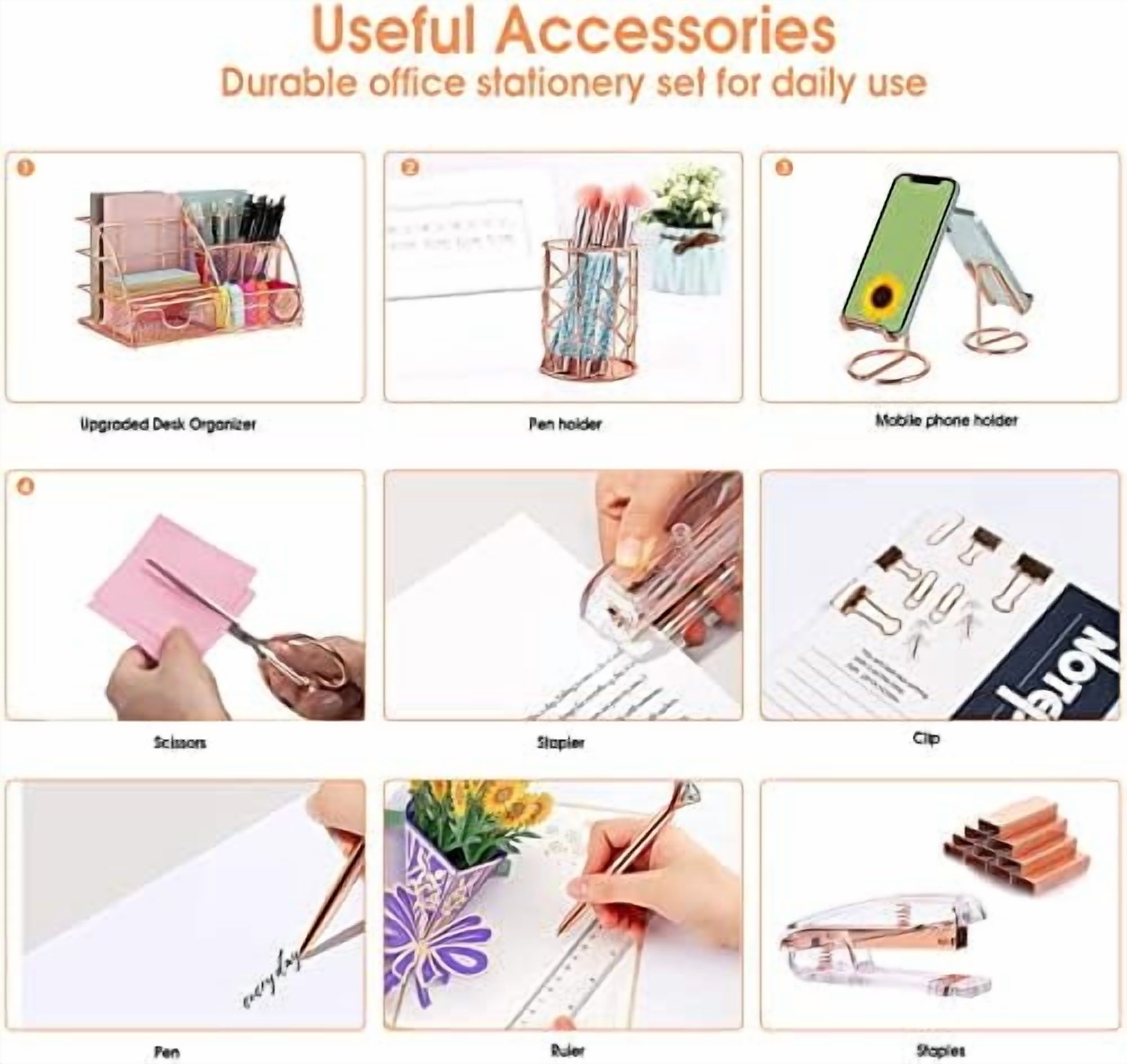 YNGLLC Rose Gold Desk Organizers and Accessories Office Supplies Set Stapler, Pen Holder, Phone Holder, Scissors, Pen, Ruler, 30 Paper Clips, 22 Binder Clip, 20 Tacks and 1000pcs Staples