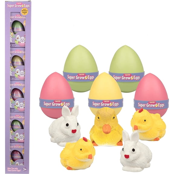 SCS Direct Easter Super Grow Eggs for Kids 5 Pack- Hatch and Grow for Easter Gifts, Baskets Stuffers and Egg Hunts - Three Different Pets That Grow 5-6x Size- Bunny, Duck and Chick