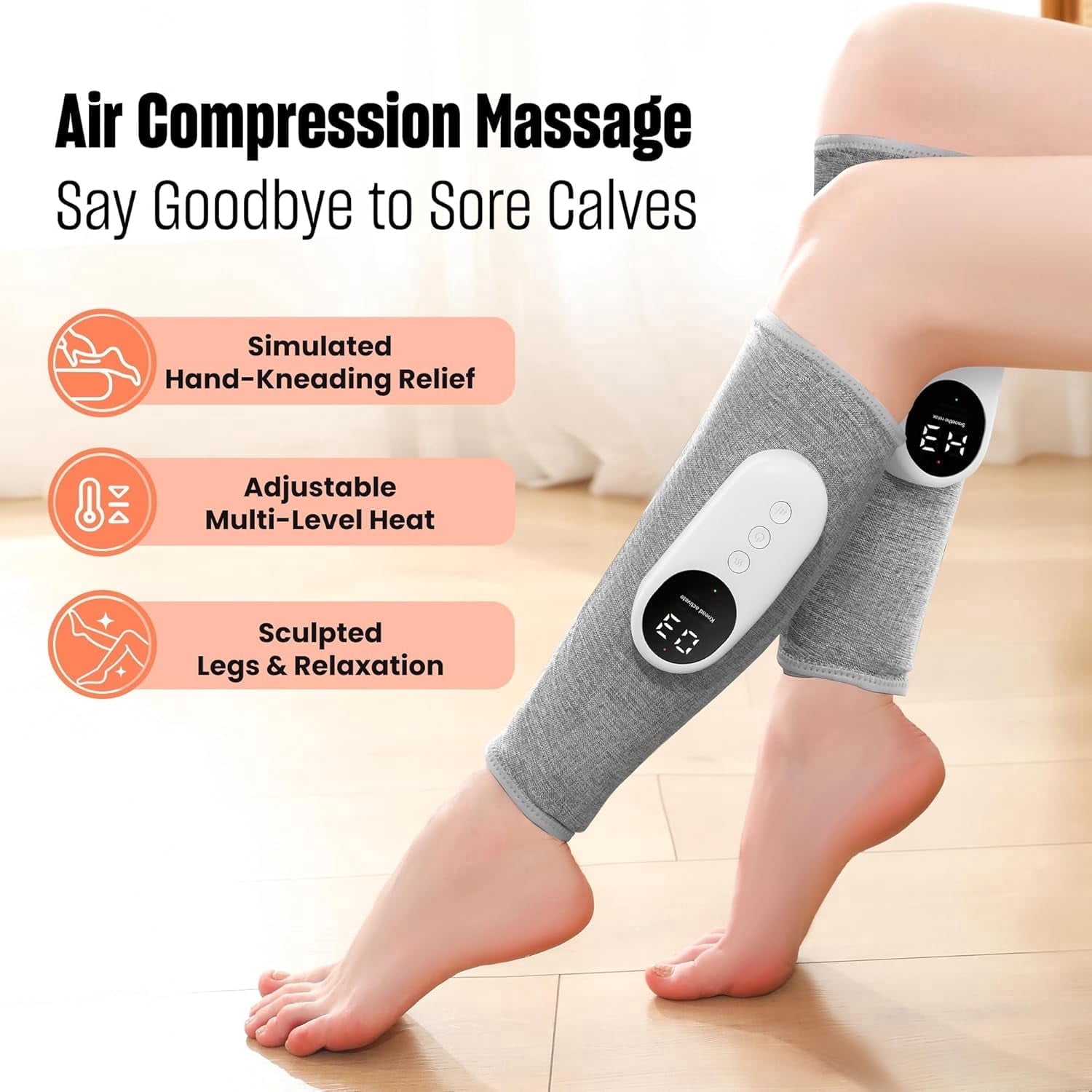 Sminiker Leg Massager ,3 Modes And 3 Lntensity, 3 Heat Levels Heat Function,Type-C Rechargeable Muscles Relaxation,Portable Gift for Mom, Dad, Athlete (Gray)