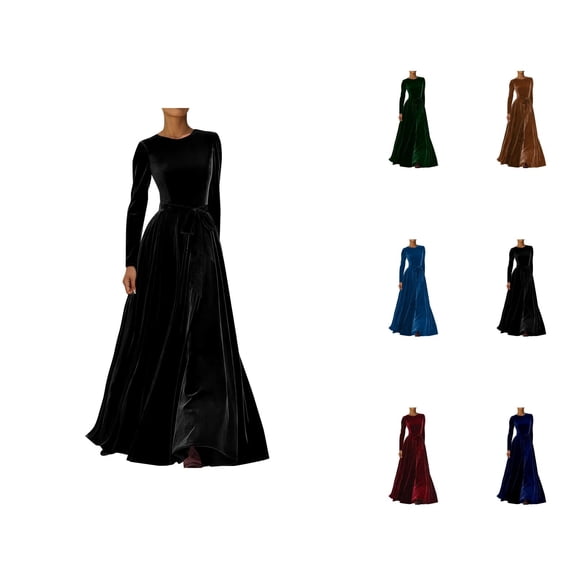 Western Cowgirl Velvet Dress for Women Long Sleeve Crewneck Belted Flowy Maxi Dresses Wedding Guest Dress