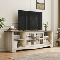 LINSY HOME Modern Farmhouse TV Stand for TVs up to 75", Home Entertainment Center with Storage Cabinet and Adjustable Shelves, Washed Grey & Brown