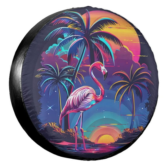 KAKALAD Colorful Flamingo Palm Trees At Sunset Summer 04 Spare Tire Cover Wheel Protectors Weatherproof Universal Vehicle Dust-Proof for Trailer Rv SUV Truck Camper Travel Trailer Accessories 14 ” In