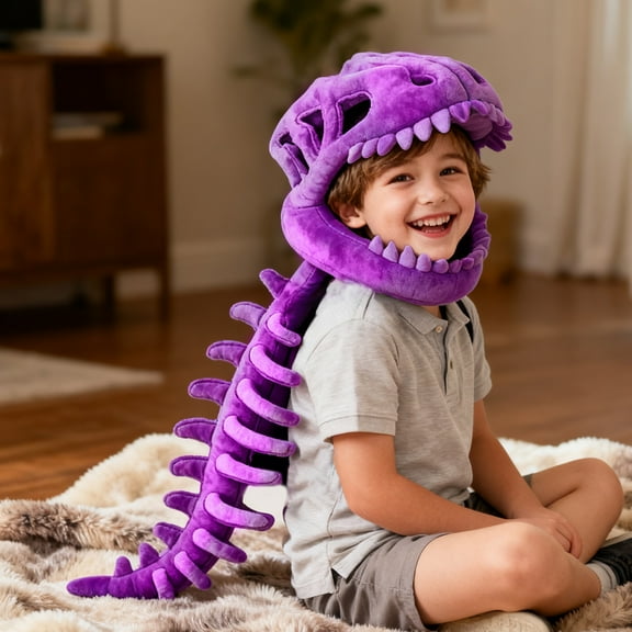 2026 New 3D Dinosaur Skeleton Outfit – Wearable Plush Headpiece & Spine Extension, Realistic Festival Prop for Themed Gatherings Purple