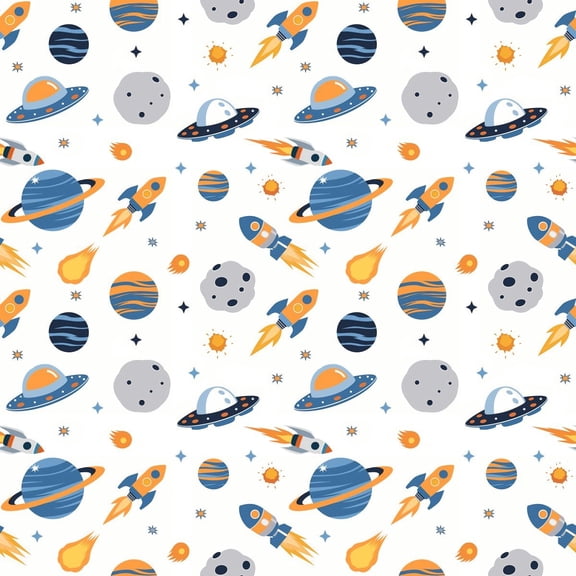 Manfei Cartoon Planets 7-Piece Twin Bedding,Cute Rocket Print Bedding Comforter Set,Blue Orange White,Polkadot Reversible
