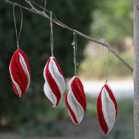 De Kulture Works Wool Felt Hanging Marquise Bauble, Set of 4 Eco Friendly Needle Felted Christmas Xmas Tree Decoration Stuffed Ornament