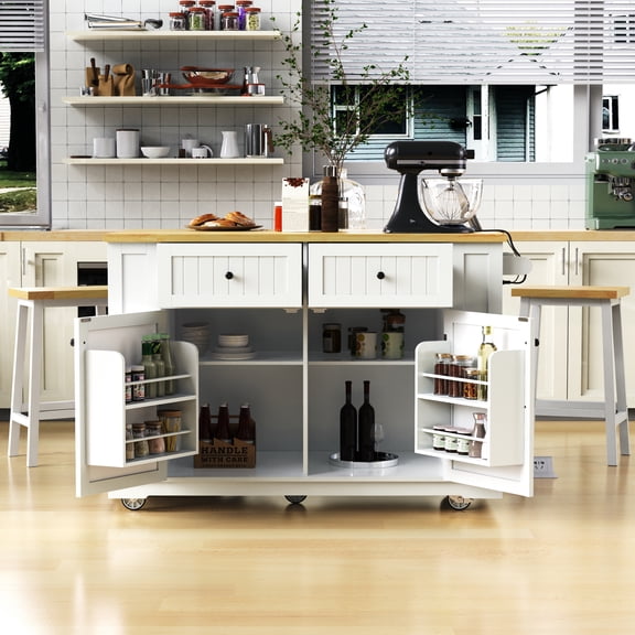 Yoneston 48" Kitchen Island with 2 Bar Stools, Rolling Kitchen Storage Cart with Power Outlet, Door Internal Storage Rack, Drop Leaf, 2 Open Side Racks and 2 Drawers for Dining Room, White