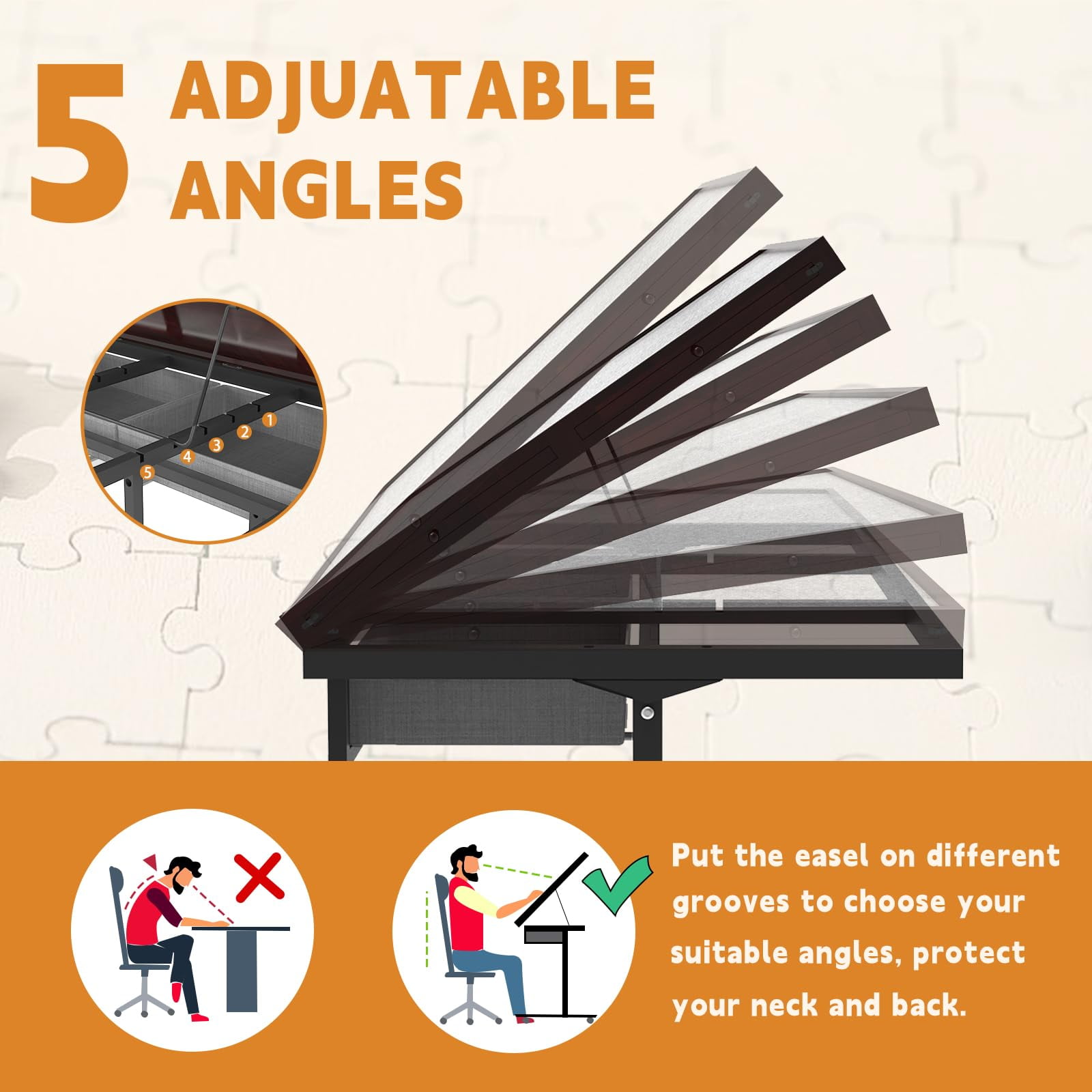 Jigsaw Puzzle Table 1500 Pieces with Drawer and Legs, Five Tilt Angle Adjustable, Portable Puzzle Table for Adults with Protective Cover, Coffee color