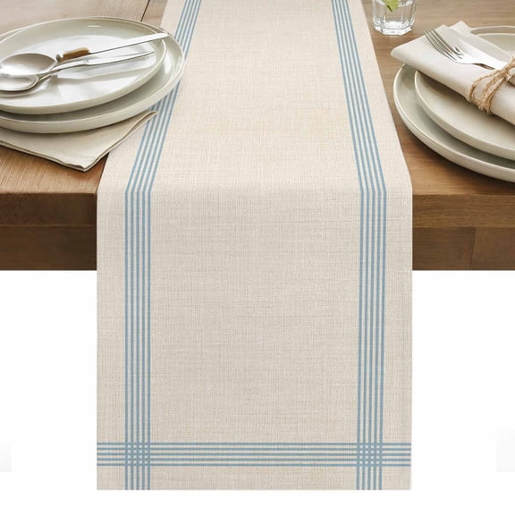 Table Runner 13x90in Inches Long, Light Blue Striped on Vintage Linen Linen Washable Dresser Scarf Modern Abstract Art Kitchen Dinning Tablerunners for Holiday/Party/Wedding/Home Tables Decor