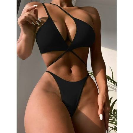 Women Bandage Solid Sexy Bikini Push-Up Padded Swimwear Swimsuit Beachwear Set  High Support Bra  Full Coverage  One Piece  Plus Size  Quick Dry  Fashionable Swimwear  Womens Bathingsuits | Black M