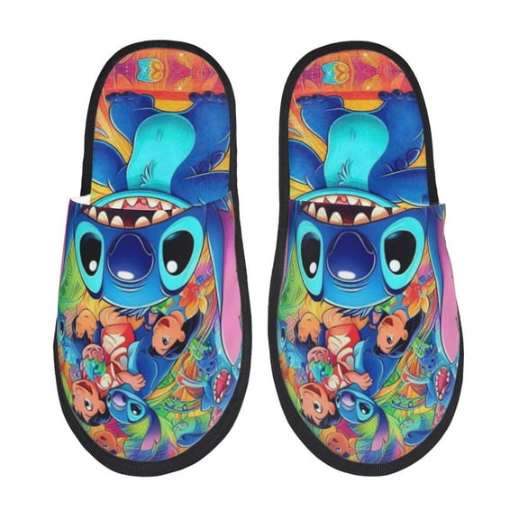 Colorful Stitch Print Furry slippers Warm Cozy Fuzzy Slippers Non-Slip House Slippers Medium