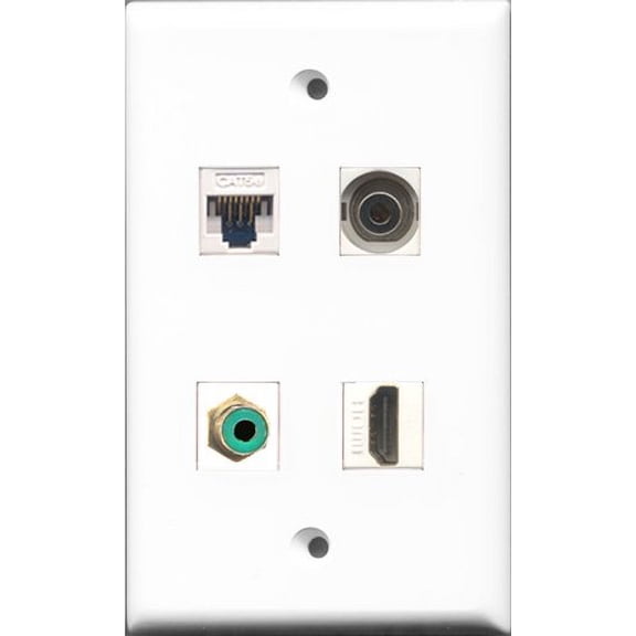 RiteAV - 1 Port HDMI and 1 Port RCA Green and 1 Port 3.5mm and 1 Port Cat5e Ethernet White Wall Plate