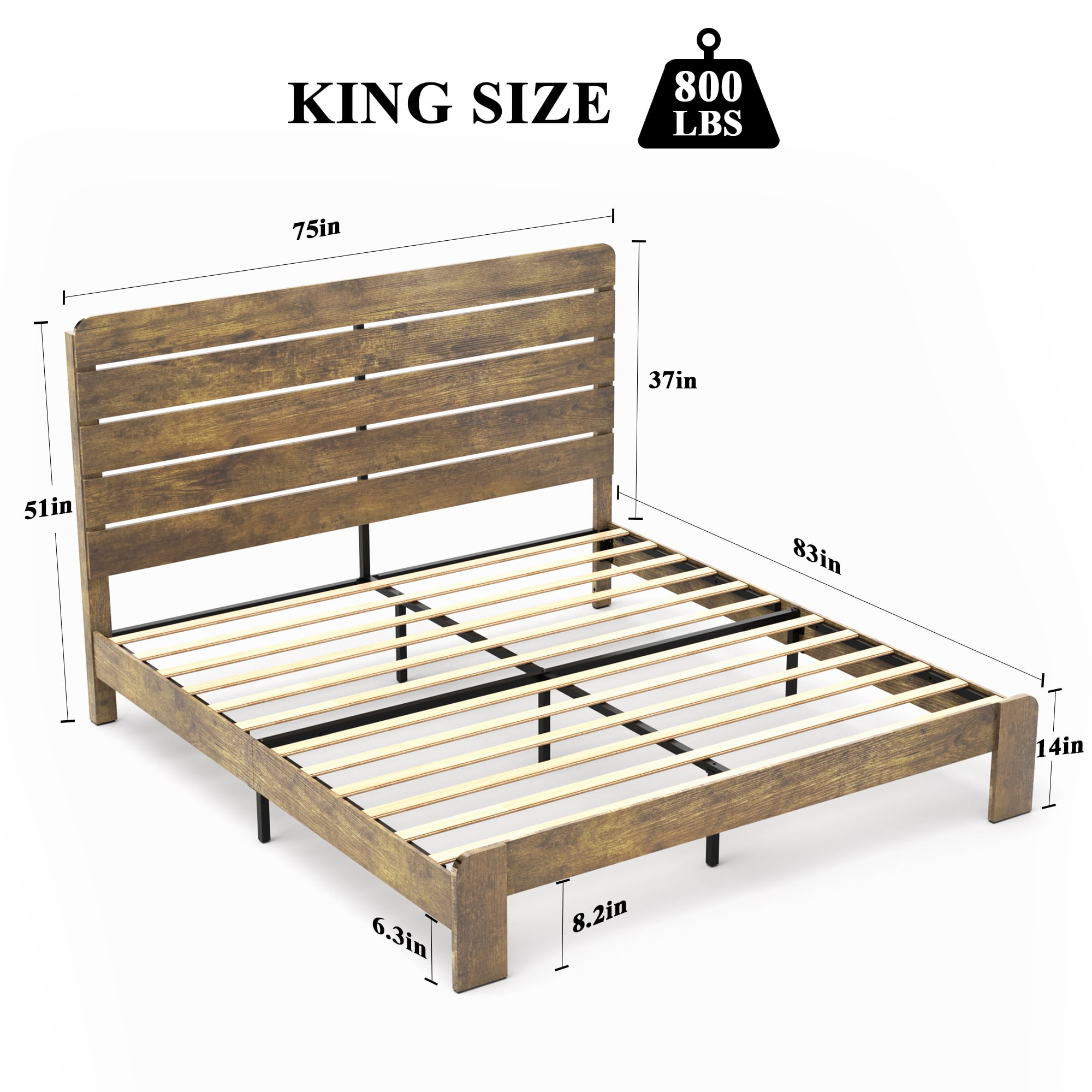 Miniyam King Size Wood Platform Bed with High Headboard for Adult, Rustic Vintage