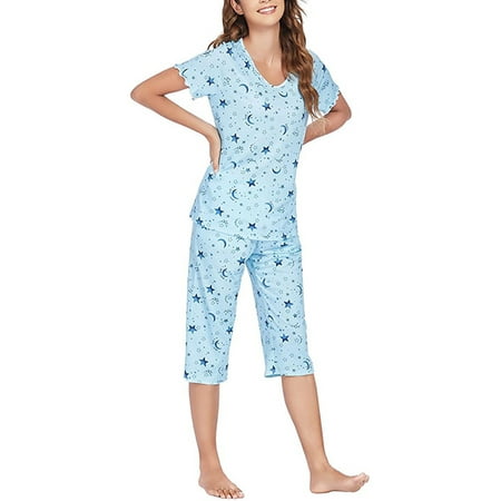 

Avamo Women Nightwear Elastic Waist Capri Trousers Sleepwear Tops And Cropped Pants Loungewear Ladies Crew Neck T-shirt Lounge Set Sleep Pajamas Sets Blue S