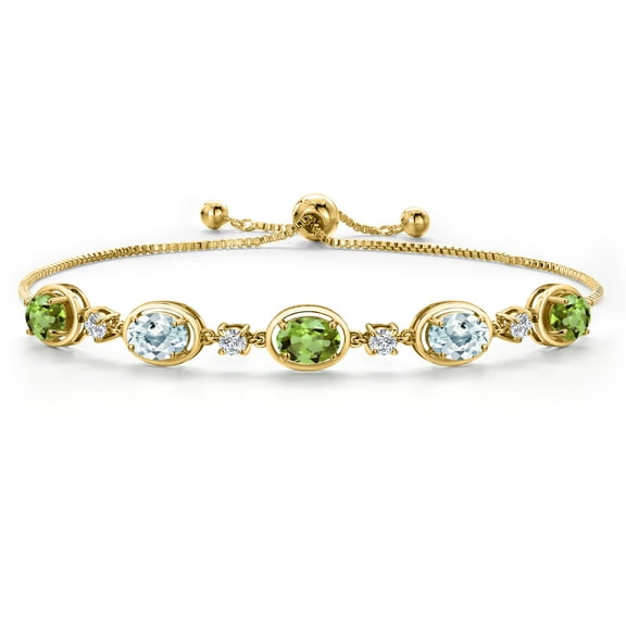 Gem Stone King 18K Yellow Gold Plated Silver Green Peridot and Sky Blue Aquamarine Bracelet for Women | 4.20 Cttw | Gemstone August Birthstone | Oval 7X5MM | Fully Adjustable 9 inch