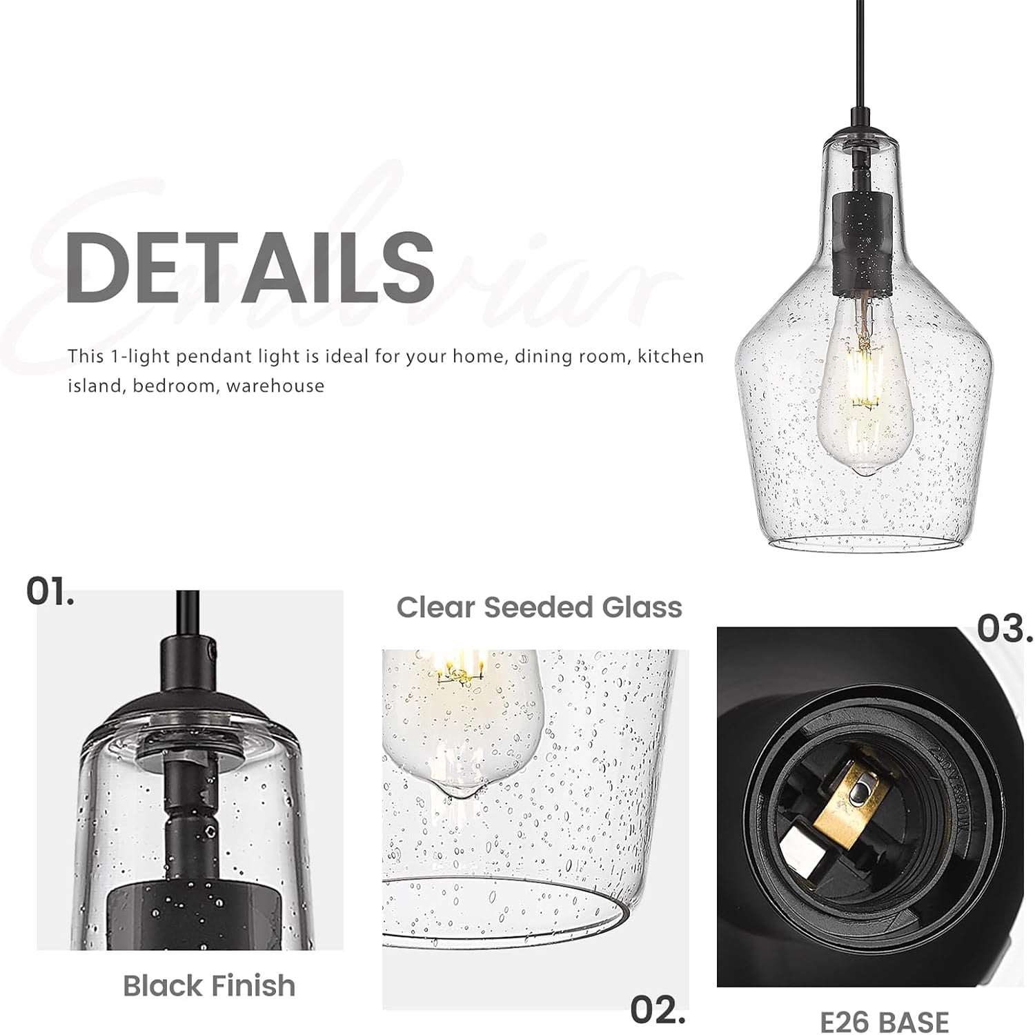 Emliviar Modern Island Pendant Light with Clear Seeded Glass, Black Finish, DYE286G2-MIL BK