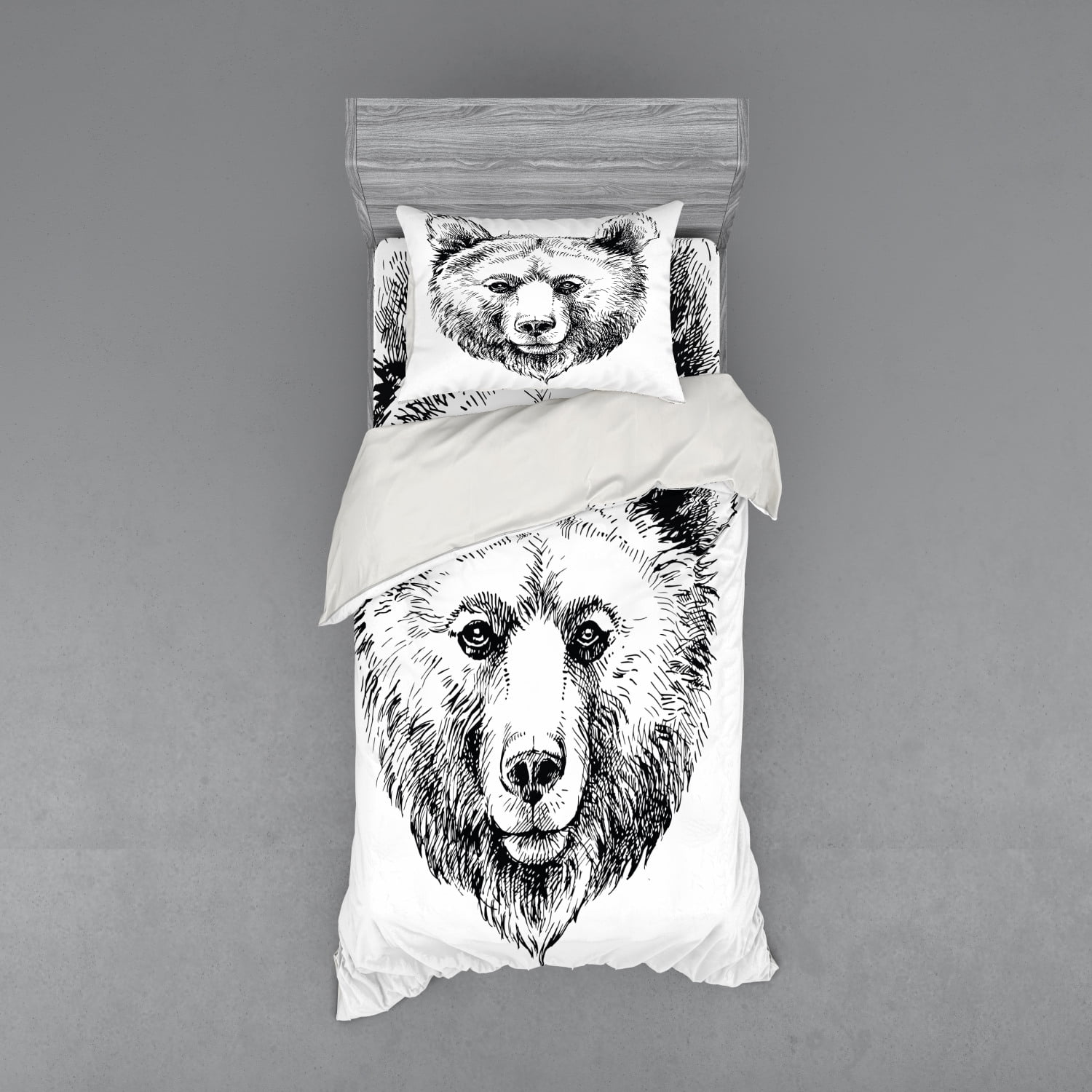 Animal Duvet Cover Set, Hand Sketch Grizzly Bear Wildlife Mammal Ink Drawing Nature Theme