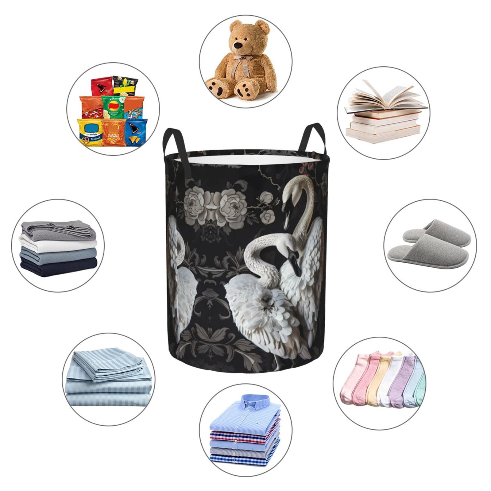 Large Laundry Basket with Handles - Elegant Swans Black Background Kids Baby Dirty Clothes Laundry Hamper for Bedroom Aesthetic