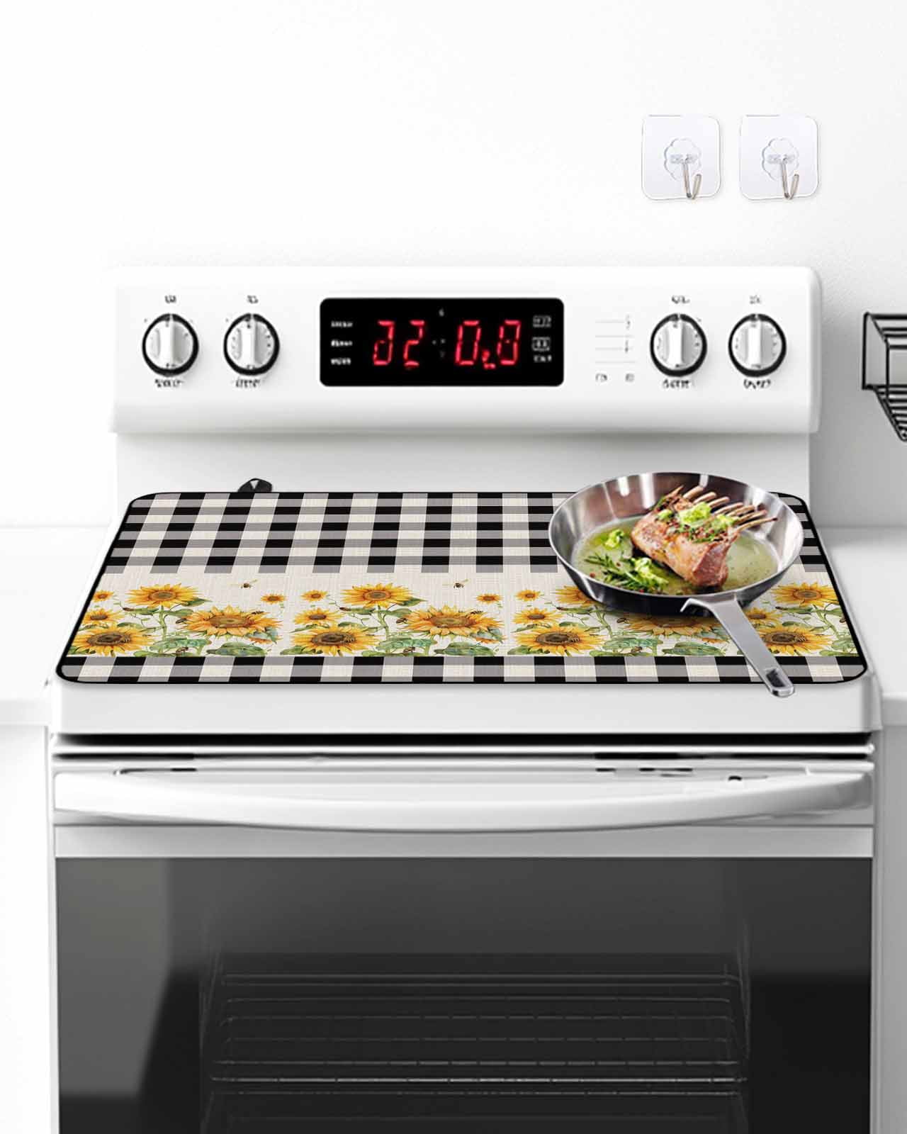 Stove Top Covers for Electric Stove, Sunflower Glass Stovetop Cover Protector, Retro Buffalo Plaid Black White Country Bee Induction Cooktop Protector Oven Mat for Kitchen Countertop 24"x21"