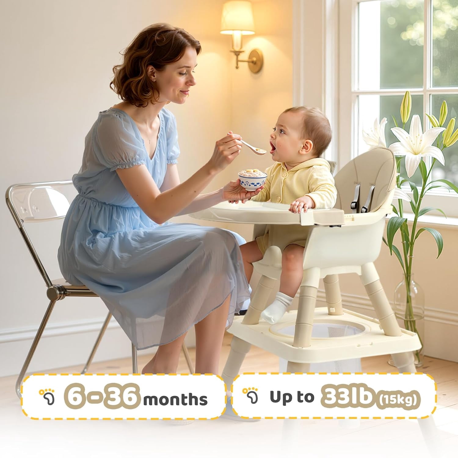 Zimtown Baby High Chair, 6 in 1 Convertible High Chairs for Babies and Toddlers, Portable Feeding Chair with 5-Point Safety Harness, Adjustable Dining Tray, Beige