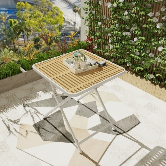 Olurrisa Modern 28" Square Indoor/Outdoor Folding Table, Polypropylene Slat Top with Powder-Coated Metal Legs, 220 lbs Capacity, for Dining Room Living Room Garden Patio, White/Khaki