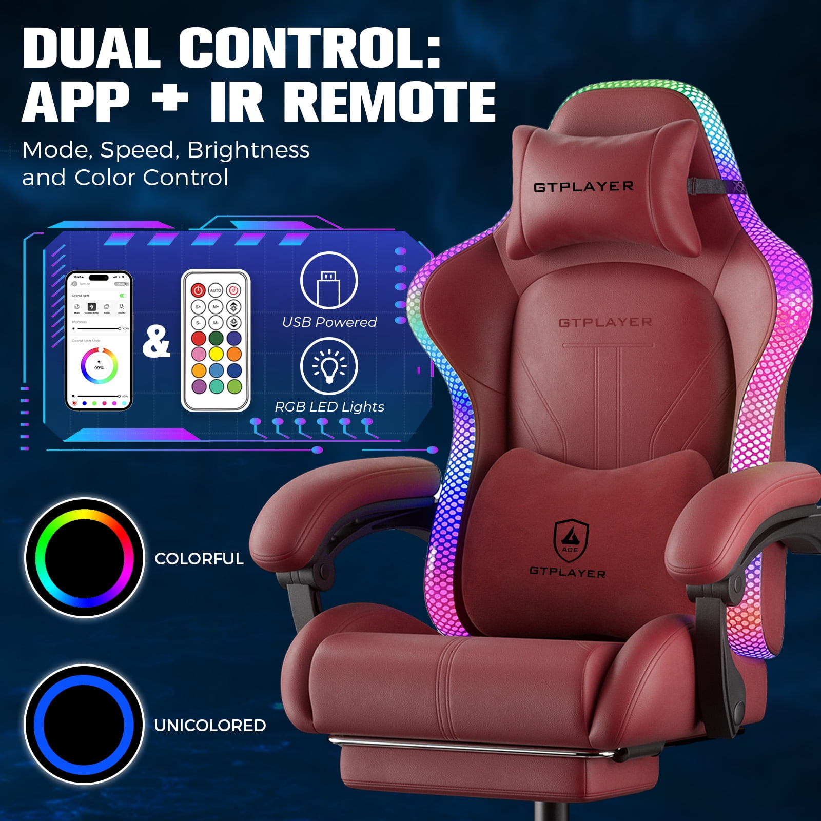 GTPLAYER RGB Gaming Chair with Timed LED Lights, 400LBS Capacity Gaming Office Chair with Reclining Backrest & Retractable Footrest for Gaming & Office, Red