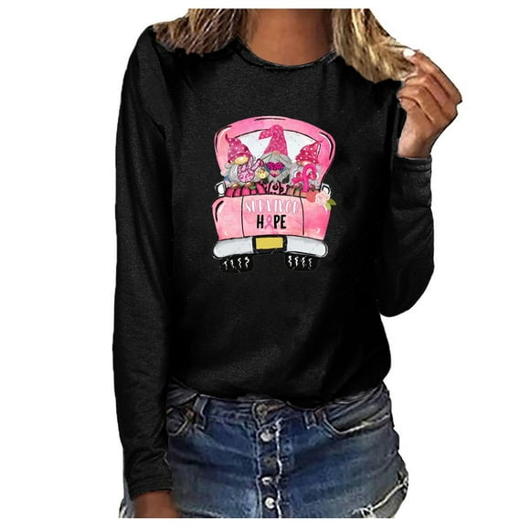 YUGYXL Breast Cancer Awareness Blouse for Women Funny Cute Pink Ribbon Graphic Pullover Top Casual Trendy Long Sleeve Round Neck Tees Cancer Fight Supporter Shirt