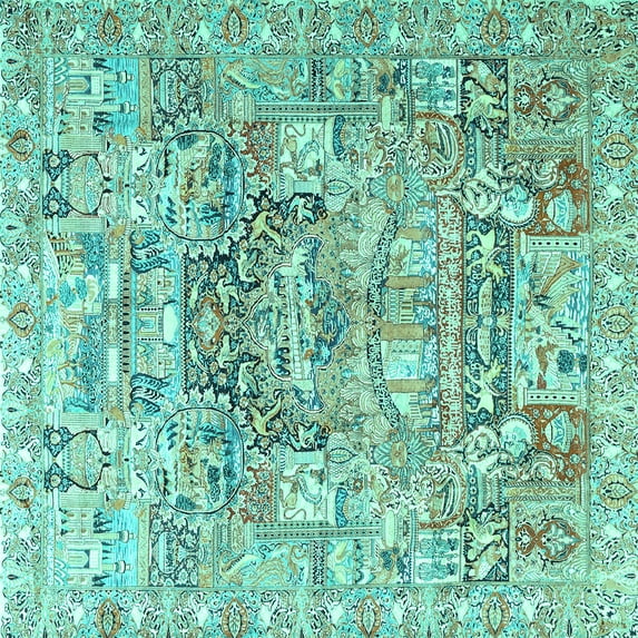 Ahgly Company Machine Washable Indoor Square Animal Turquoise Blue Traditional Area Rugs, 4' Square