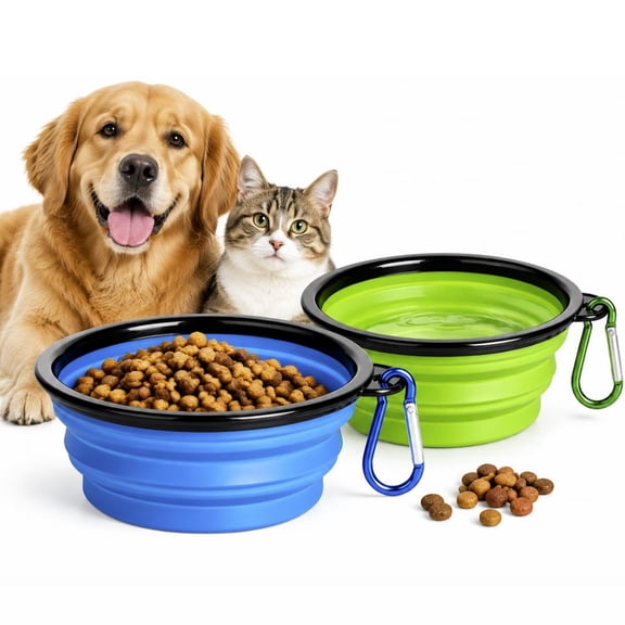 Radetop Collapsible Silicone Pet Bowl Set 2 Pack, 12 oz & 34 oz Small and Large Foldable Dog Food Water Bowls with Carabiner Clip