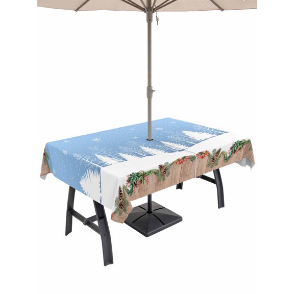 Outdoor Tablecloth with Umbrella Hole and Zipper, Christmas Blue Rectangle Table Cloth 54x80 Inch Waterproof Tablecloth, White Xmas Tree Forest Poinsettia Rustic Wooden Picnic Table Cover for Patio
