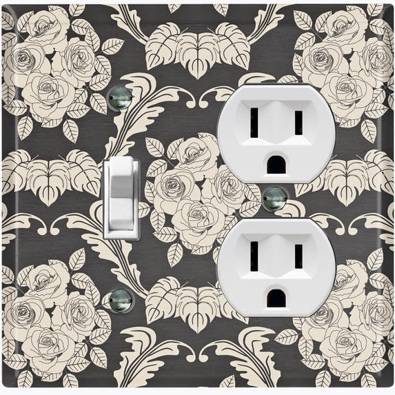 Metal Light Switch Plate Outlet Cover (Damask Rose Black - Single Toggle Single Duplex)