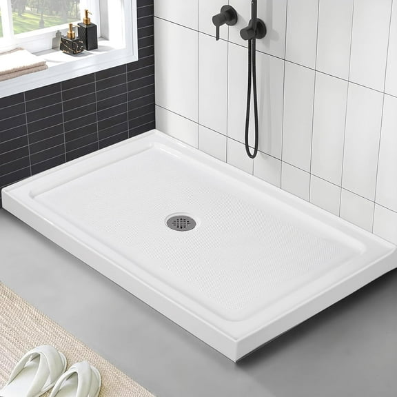 Senfot 32x48 Inch Acrylic Shower Base with Slip-Resistant Textured Surface Stainless Steel Drainer Easy Assembly and Cleaning Modern White Shower Pan